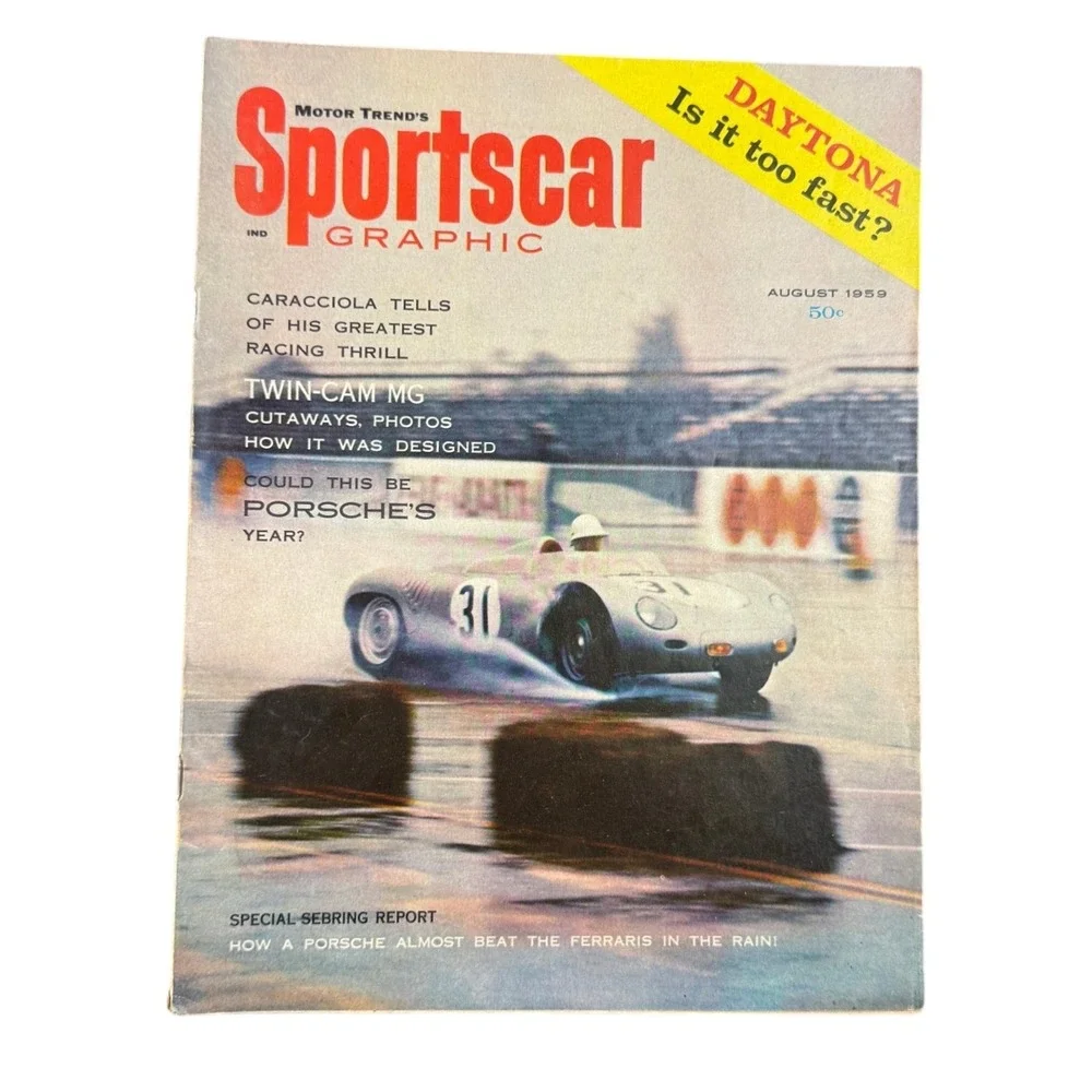 RARE Vintage Sportscar Graphic Magazine August 1959 Twin-Cam MG Porsche Daytona